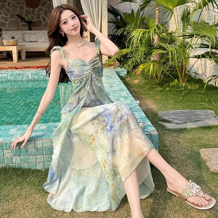 Women's Summer Tie-Dye Spaghetti Strap Dress with Ruffle Waist