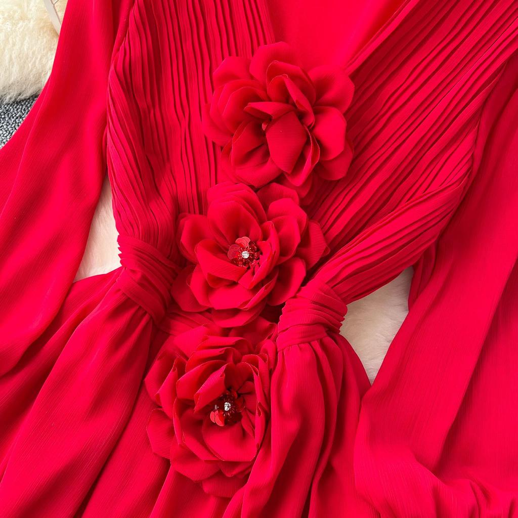 French Retro V-neck Three-dimensional Flowers Lantern Sleeve Dress Women's Waisted Temperament Swing Knee-length Elegant Long Dress