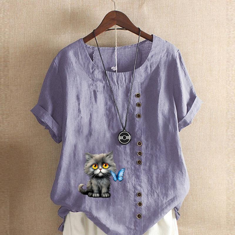 Damenmode Katzen und Interaktion Bedrucktes Kurzarm-T-Shirt Locker Baumwollhemd Lässig Locker Sommerbluse Tops Übergröße