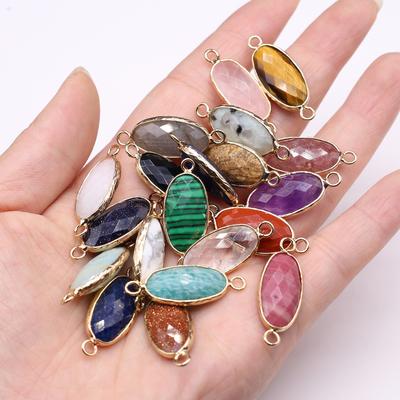 Faceted Natural Stone Connectors, Handmade Oval Pendant, Healing Crystal Agate Amethyst Malachite Gemstone Charms Connector for Jewelry Making DIY