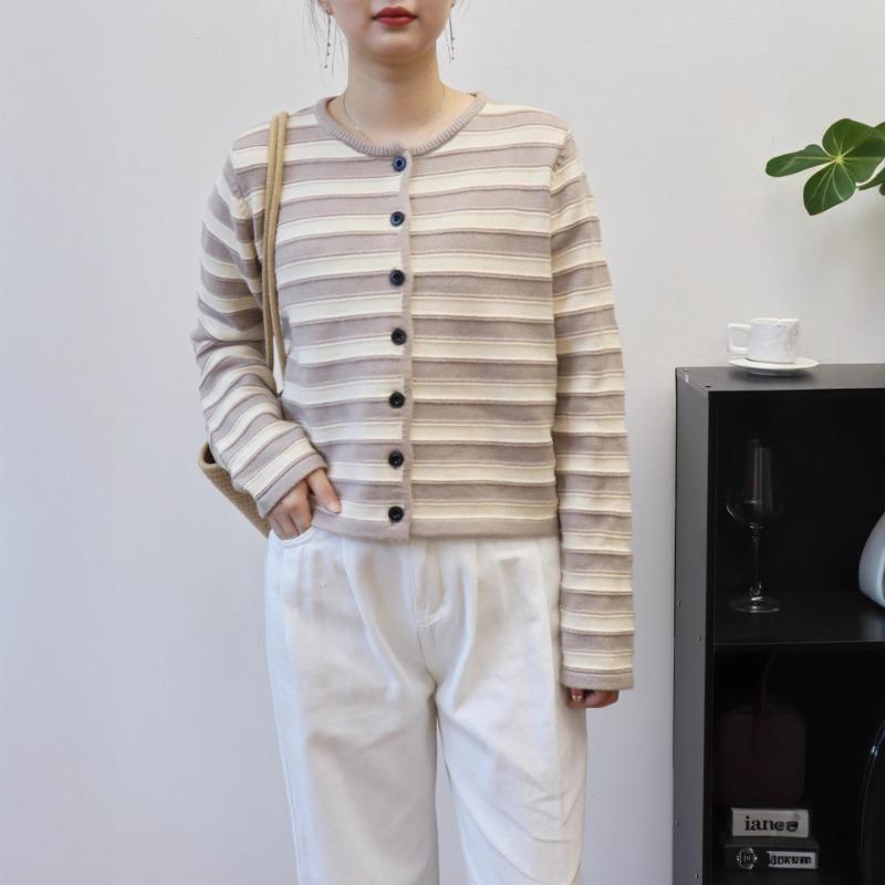 Short Contrasting Striped Knitted Cardigan Autumn and Winter New Soft Waxy Design Loose Sweater Jacket Women