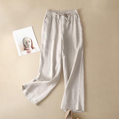 Calças Femininas Soltas e Finas Tamanho Grande Cintura Alta Primavera Algodão e Linho Pernas Largas Calças Calças Retas Cordão Casual Calças Femininas