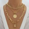 3Pcs Layered Necklace Set For Women Vintage Elegant Embossed Coins Creative Lock Pendant Necklaces  Jewelry Gift