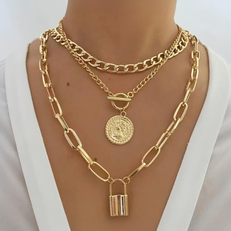 3Pcs Layered Necklace Set For Women Vintage Elegant Embossed Coins Creative Lock Pendant Necklaces Jewelry Gift