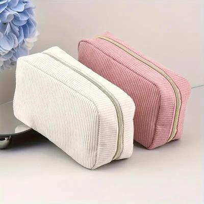 Kosmetiktasche für Damen, aus Cord, einfarbig, Make-up-Tasche, Reisetasche, tragbare Waschtasche, Kulturbeutel, Organizer, Geldbörse