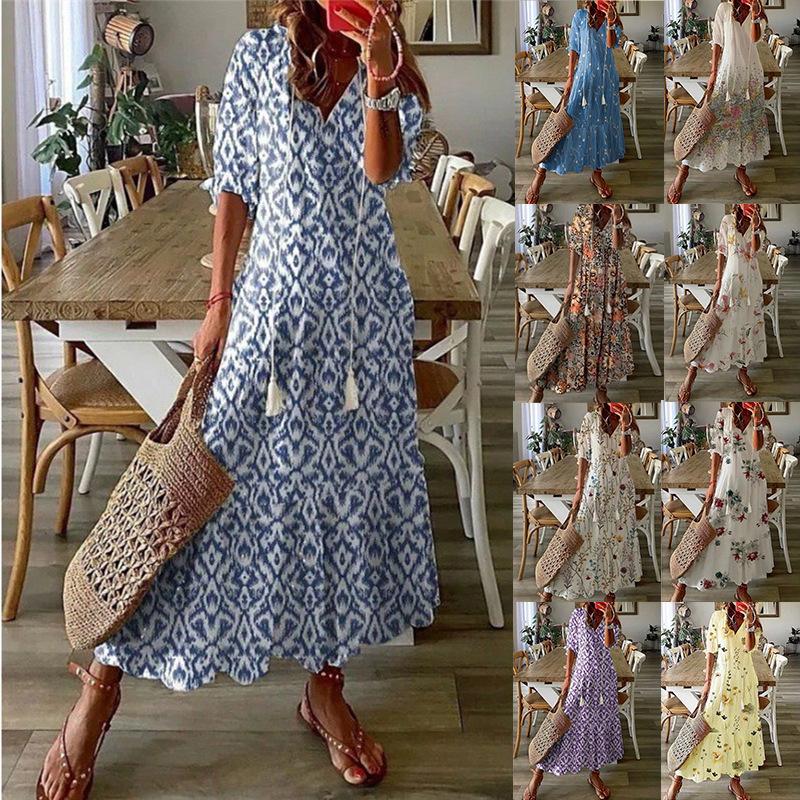 IHUASU Damen Casual Sweetheart Loose V-Ausschnitt Bedruckte Hosenträger Mittellange Ärmel Lange Kleider