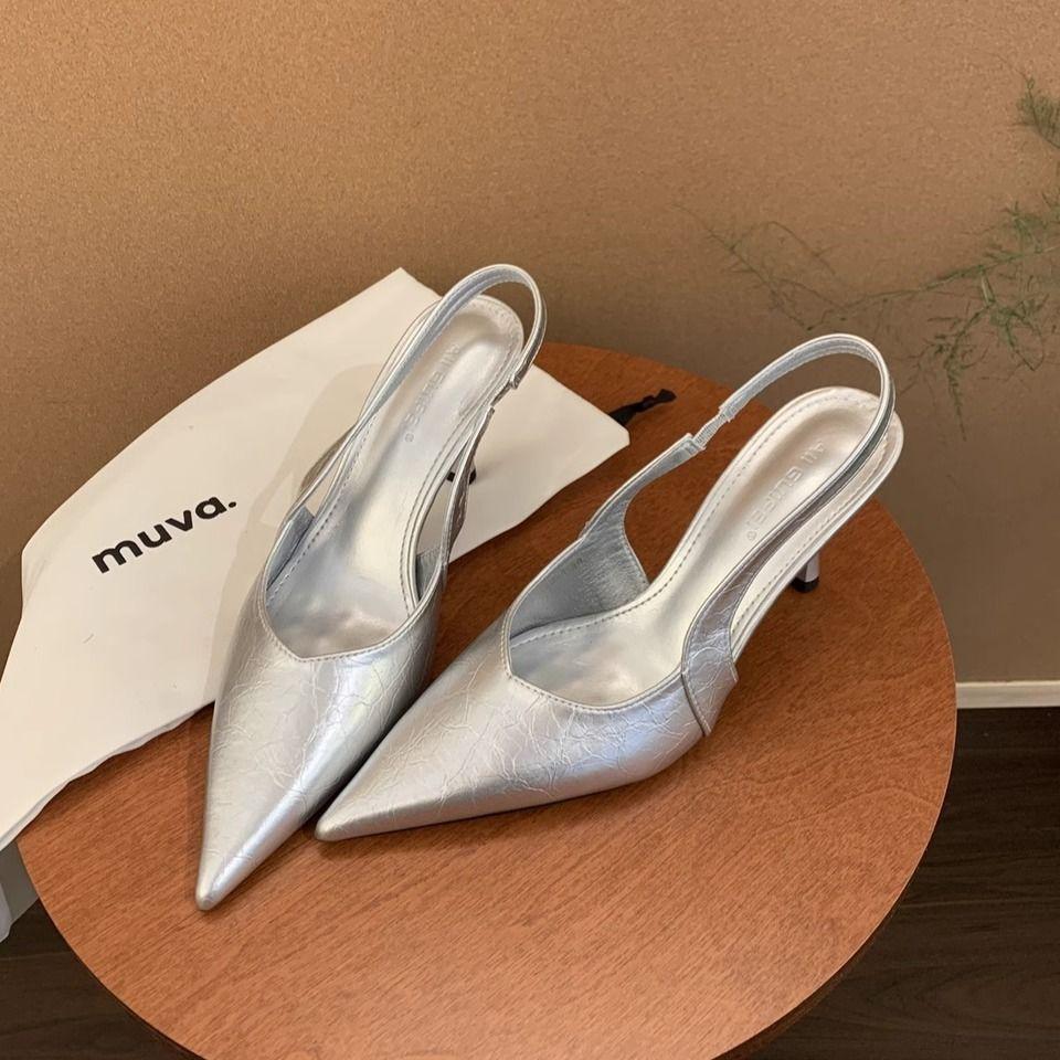 

Silver high heels women s 2025 spring and summer new pointed simple temperament French thin versatile thin heel bag head sandals 39