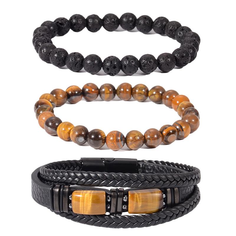 Tiger Eye Stone Bracelet Volcanic Stone Bracelet Fashionable Versatile Leather Men's Set