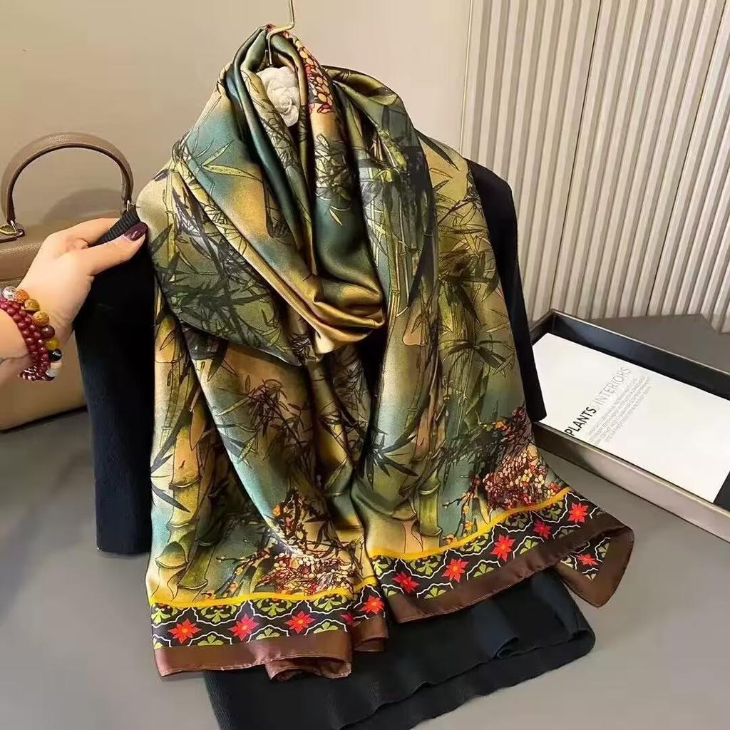Classic versatile silk scarf women's spring and autumn summer thin mulberry silk scarf long beige plaid shawl dual-purpose