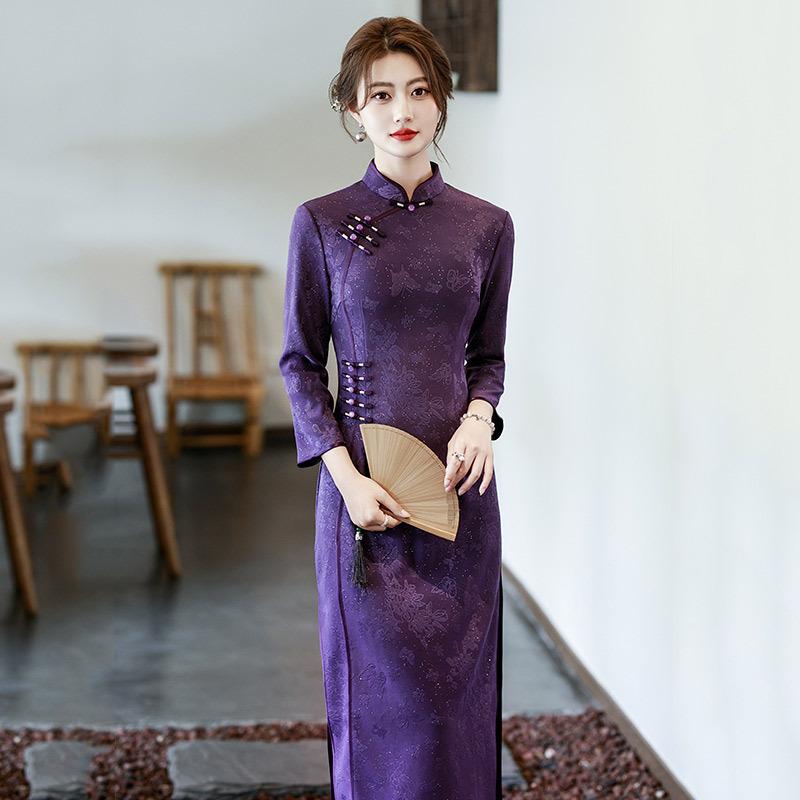 Purple Mother Outfit National Style New Chinese Long Autumn Long Sleeve Improved Cheongsam Women's High Sense Retro Waist Autumn and Winter