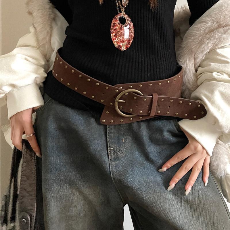 Retro Wildleder Nieten Gürtel Punk Gothic Western Cowgirl Breite Taillenbänder Gürtel Y2K Unregelmäßiger Gürtel