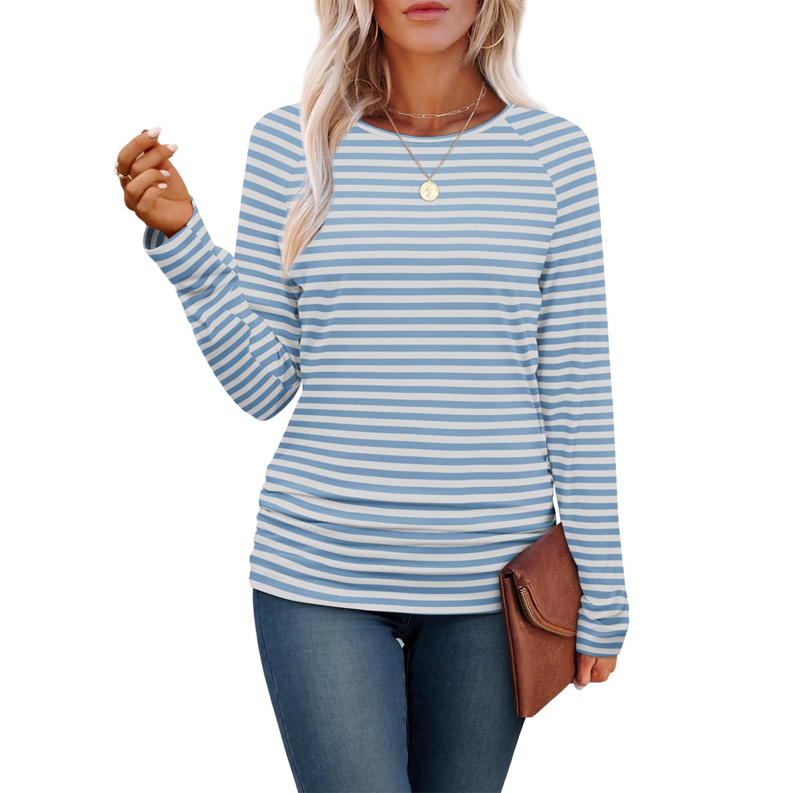 

Women s Casual Round Neck Long Sleeve Top Hem Side Ruffle M синій