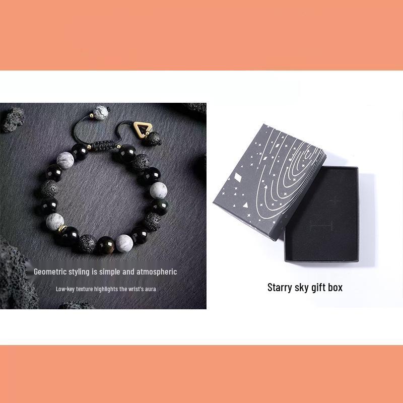 Rogue Handsome Volcanic Obsidian Bracelet: Trendy Adjustable Retro Jewelry for Men & Women.