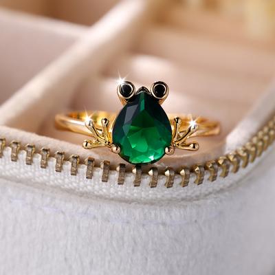 Anello con rana in zircone verde carino per donna, anello con animale unico in oro giallo, gioielli personalizzati