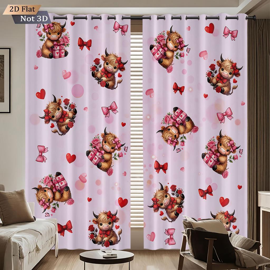 2pcs Valentine's Day Pink Romantic Highland Cow Print Punched Shade Curtain Multi Size Living Room Bedroom Insulation Decoration