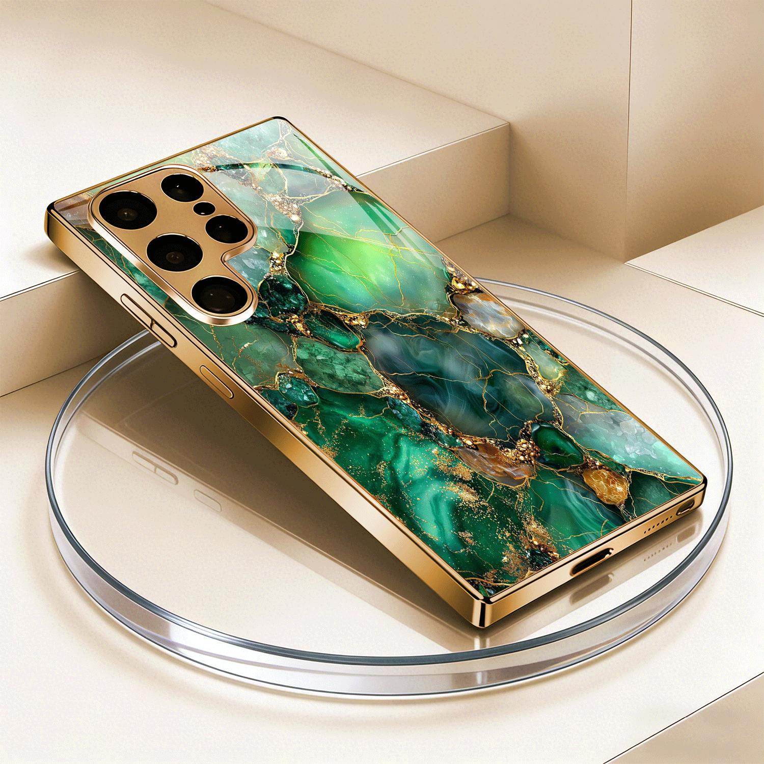 

Позолоченный чехол для телефона из закаленного стекла, совместимый с Galaxy S26 S25 S24 S23 S22 Ultra Plus. С дизайном в зелено-золотых минеральных тонах. For Galaxy S26