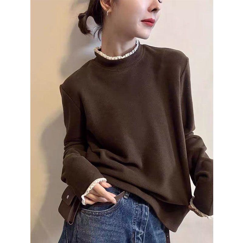 

Lace Trim Warm Half-High Collar Long Sleeve Top for Autumn/Winter 2026 L (100-115 jin) кавовий