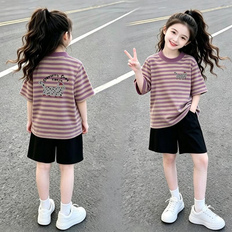 Girls' Stylish Patchwork Stripe Short Sleeve T-shirt Set for Ages 6-15