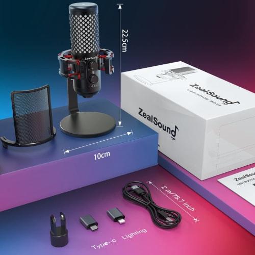 ZealSound Gaming Microphone, USB Condenser Microphone, RGB Cardioid Directional, Plug & Play, with Adapter, for Streaming, Podcasts, Recording, Touch