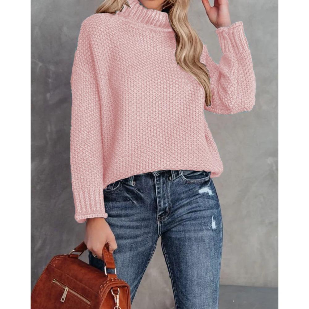 New Autumn and Winter Knitted Sweater, Solid Color High-neck Casual Loose Sweater Pullover