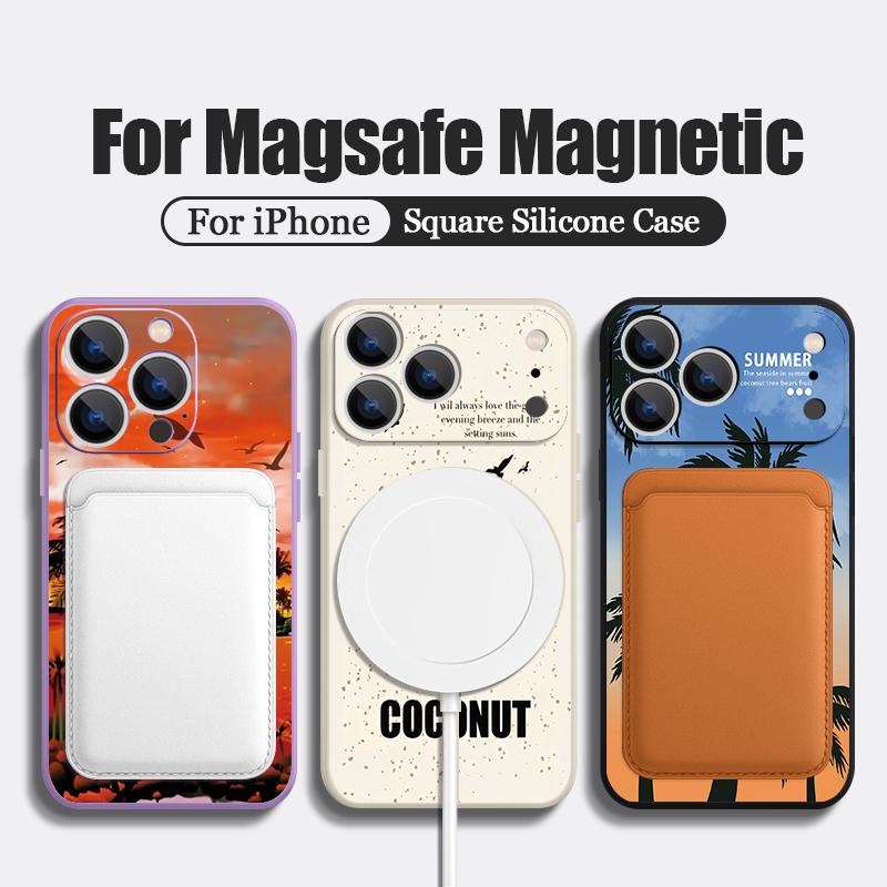 Magnetic For Magsafe Case For iPhone 17 Pro Max Seaside Coconut Print Soft Silicone Phone Back Cover For iPhone 16 15 14 13 Pro Max 16e 17e