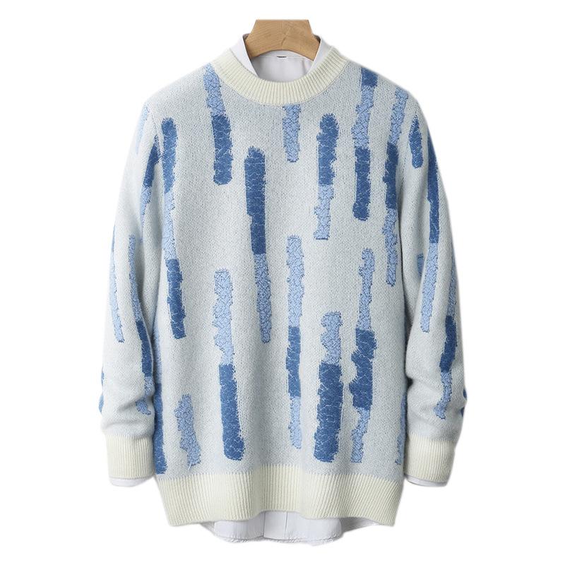 Men's European Style Winter Wool Color Block Sweater - Thickened Jacquard, High-End Casual Base Layer for Autumn/Winter 2025