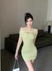 Spice girl style sexy one-word shoulder neck dress women's summer design sense hollow slim slim slim hip wrap short skirt