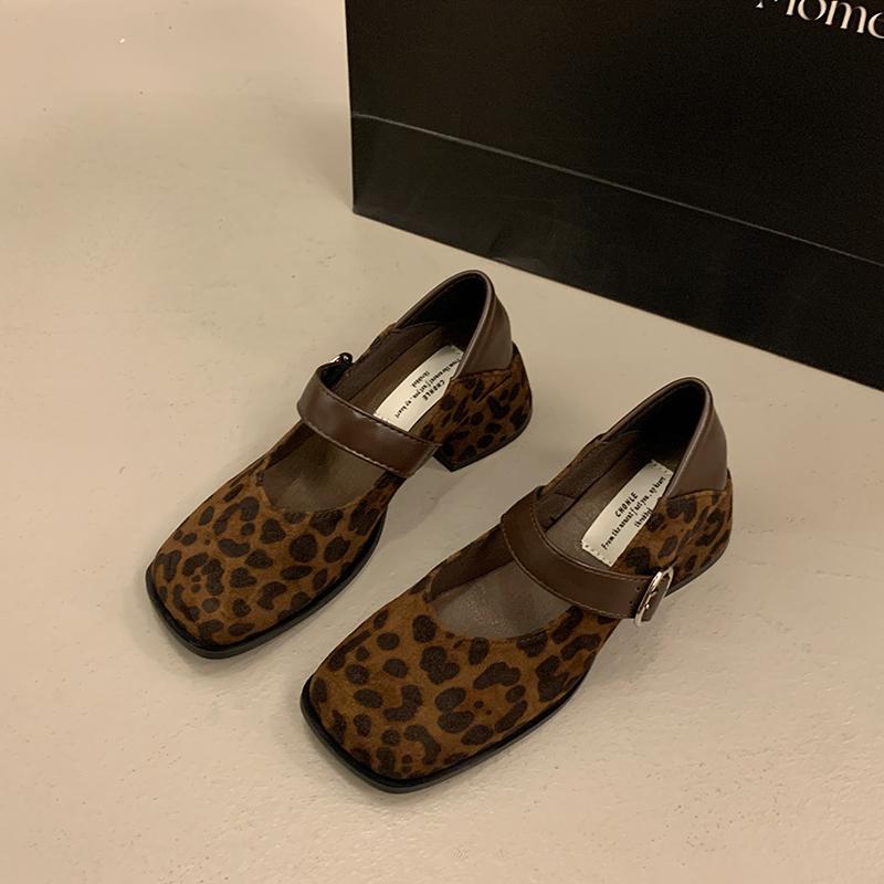 Fashion Vintage Square Toe Thick Heel Women Mary Jane Shoes Street Style Cosy Leopard Print Party Dress Female Pumps New Spring Autumn