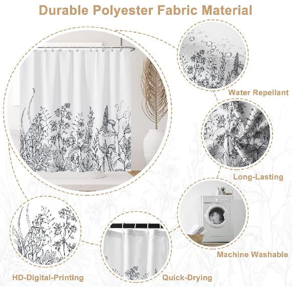 Botanical Stall Shower Curtain, Black and White Plant Herb Flower Floral Small Dorm Bathroom Curtain, Natural Modern Plants Narrow Shower Curtain Set