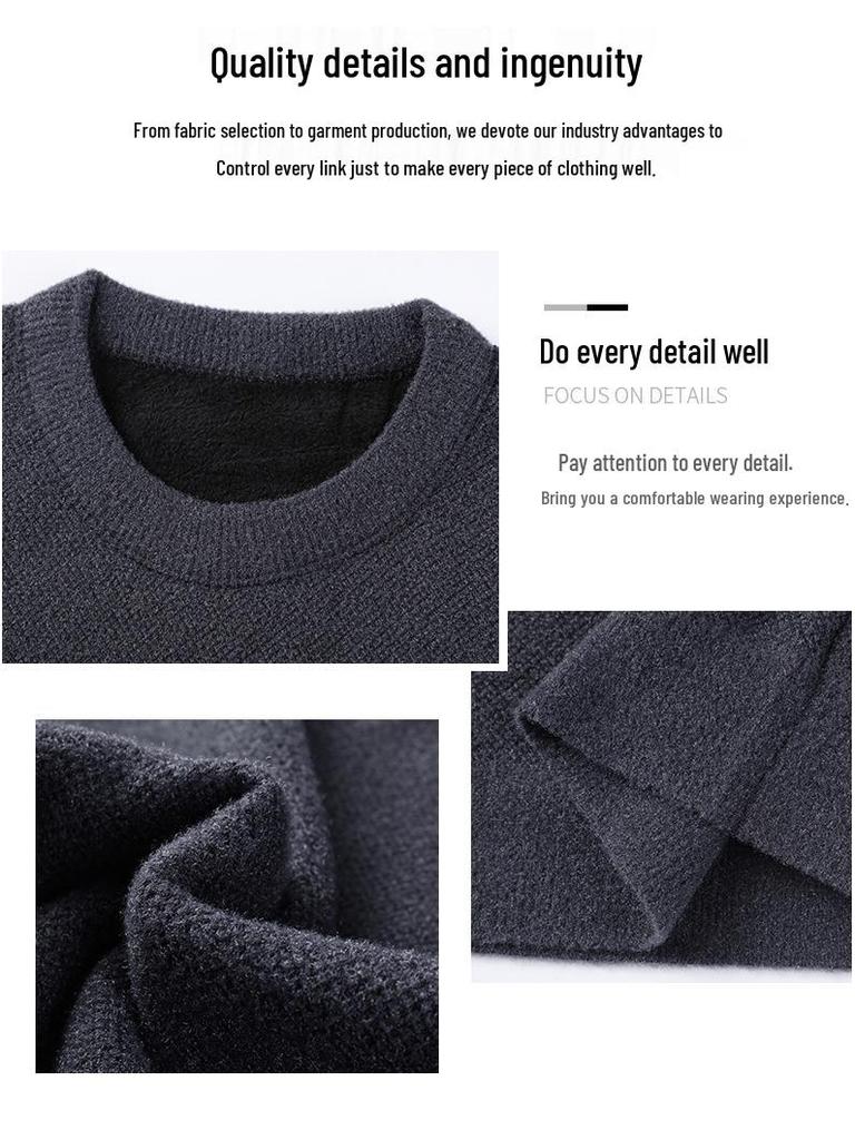 Men's Warm Thickened Knit Sweater - Autumn/Winter Casual, Middle-Aged, Round Neck, Solid Color, Fluffy Velvet.