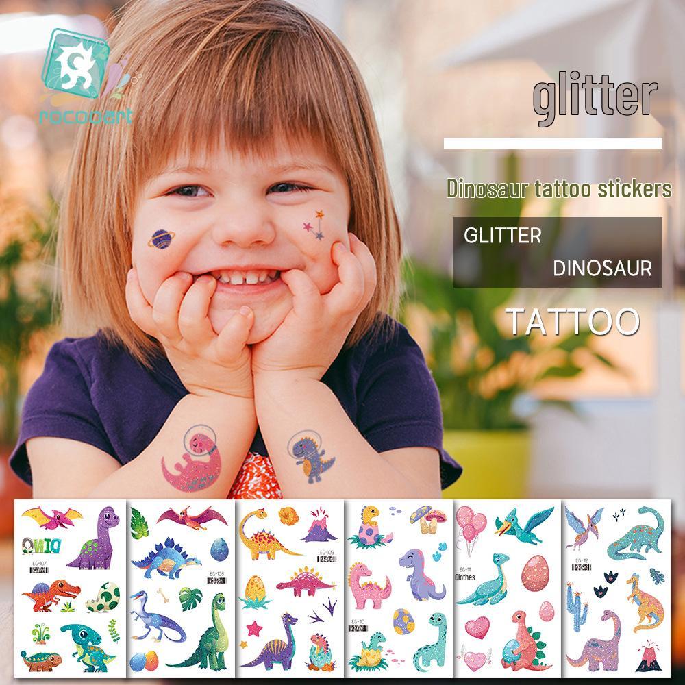 Ruikalong Glitter Animal Tattoo Stickers for Kids - Cartoon Dinosaurs, Water Transfer
