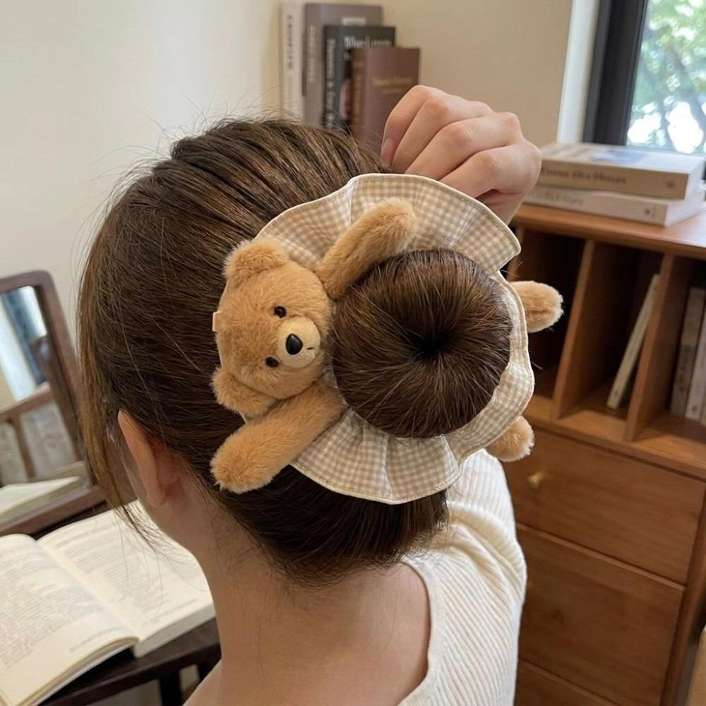 High Elasticity Plush Bear Scrunchies Cute Hair Rope Gift Plaid Ponytail Holder Daily