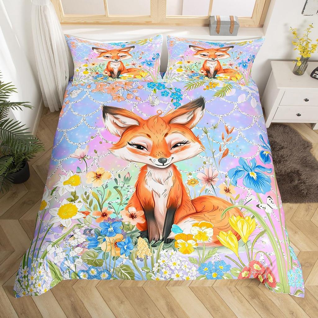 Kids Cartoon Fox Duvet Cover King Queen Orange Animal Bedding Set Girls Teens Bedroom Decor Comforter Cover with 2 Pillow Case
