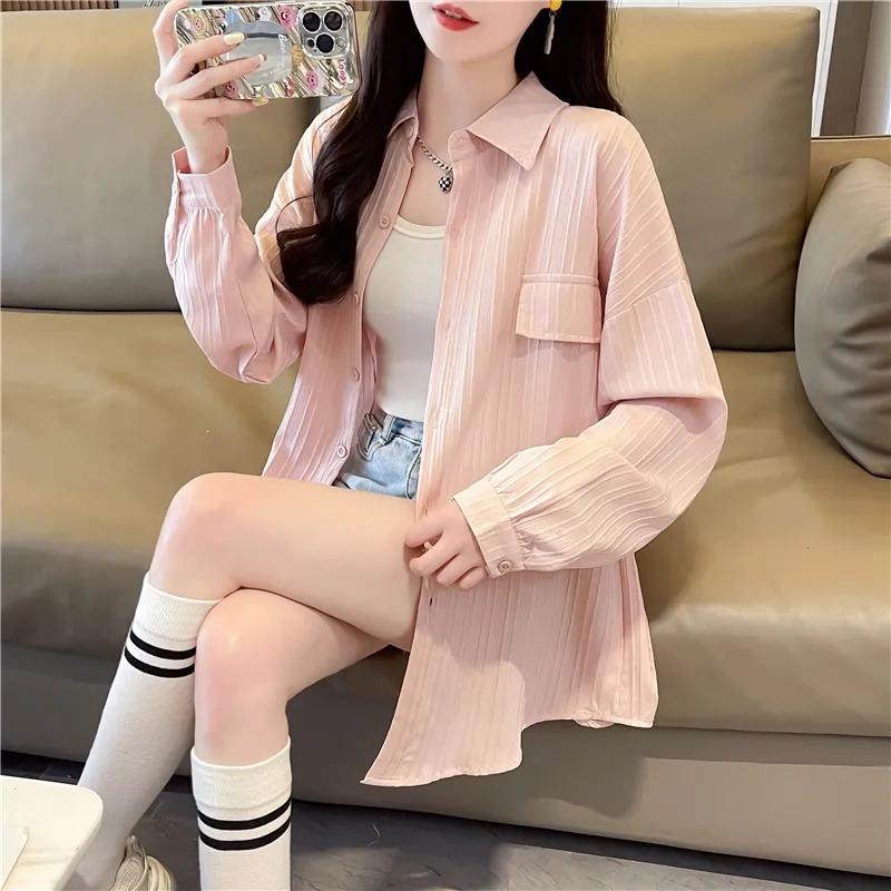 

Women s Pleated Oversized Shirt Long-Sleeve Casual Button-Down Blouse L рожевий