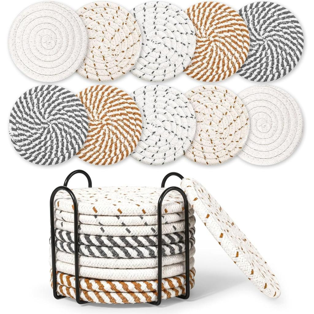 Drink Coasters with Holder, Absorbent Coasters for Coffee Table, Minimalist Cotton Woven Coaster Set for Home Decor Tabletop Protection .