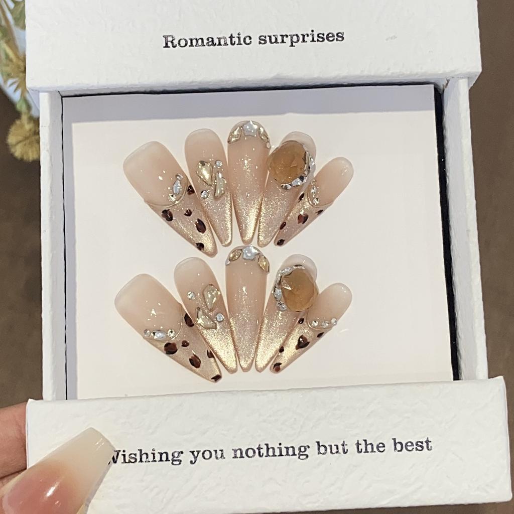 10 Pcs Autumn Winter Handmade Cat Eye Leopard Rhinestone Almond Acrylic Press On Nails Full Cover False Nail Tips