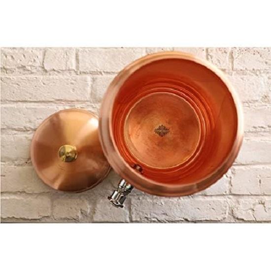 Copper Water Pot, Embossed Finish Design with Brass Tap & Stand, Storage & Serving Water, Volume- 5 Liters