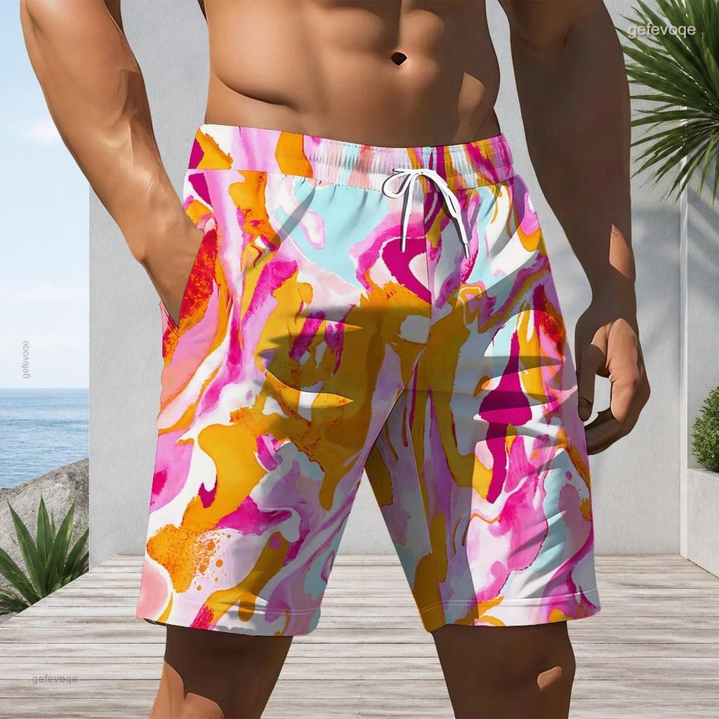 Men Big Size Abstract Marble Print Drawstring Beach Shorts Quick Dry Casual Swim Trunks With Pockets For Summer Holiday Surfing