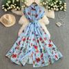 Summer Women Elegant Turn-down Collar Designer Print Long Midi Runway Party Shirt Dresses With Belt
