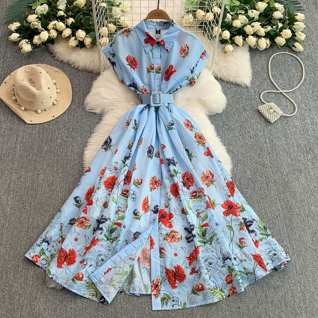 Summer Women Elegant Turn-down Collar Designer Print Long Midi Runway Party Shirt Dresses With Belt
