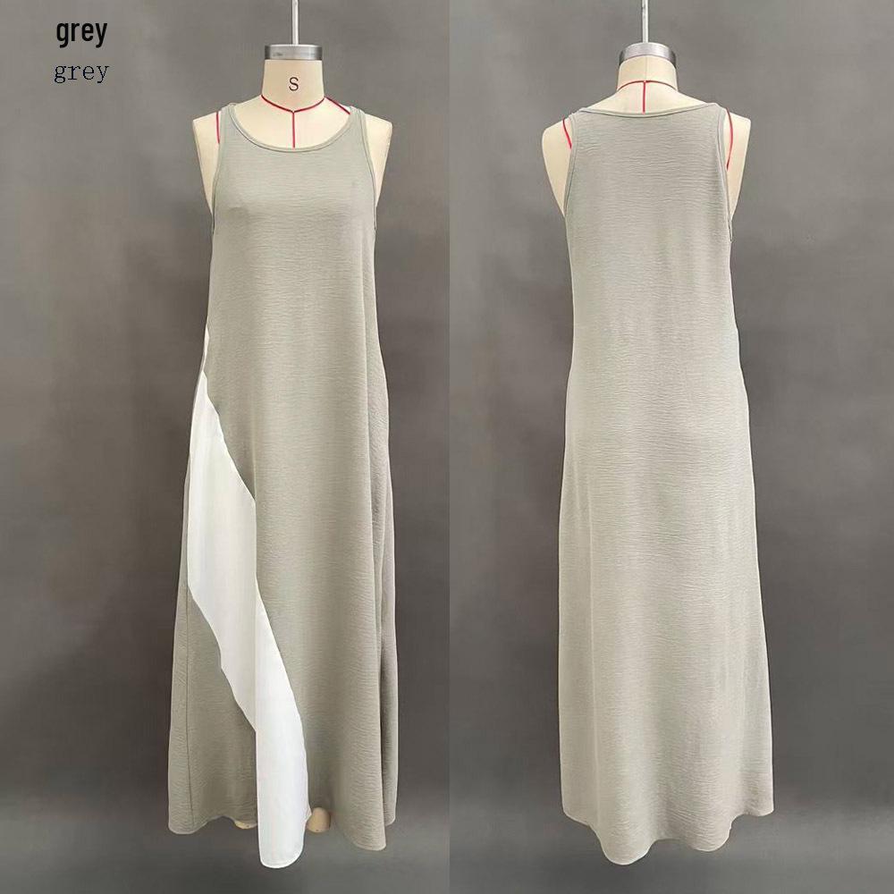 Women's Sleeveless Color Block Off-the-Shoulder Casual Dress with Pockets