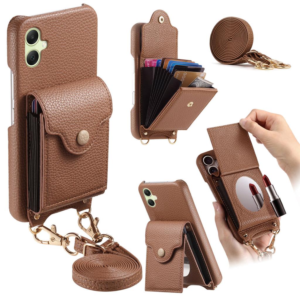 For Samsung Galaxy A06 5G/Galaxy A06 4G Case Mirror Card Holder Litchi Texture Leather Phone Back Cover with Long Strap