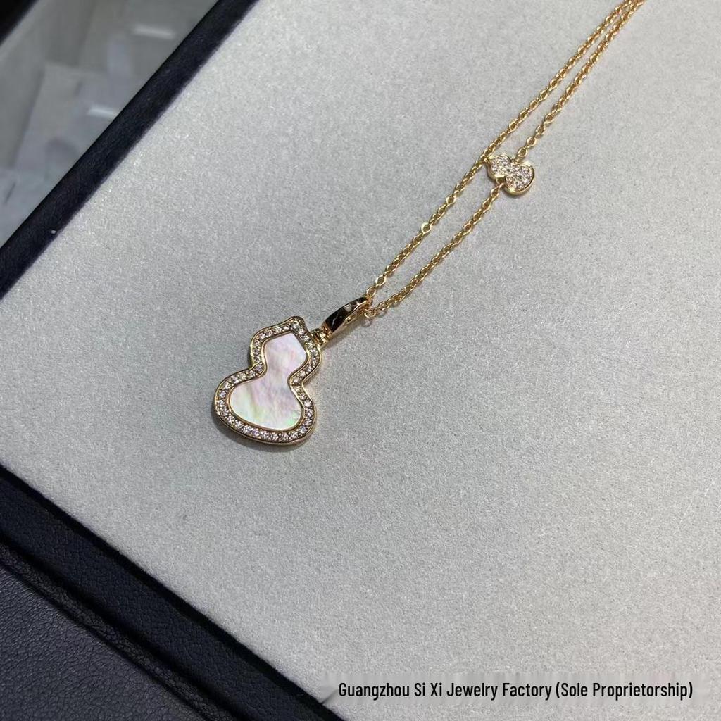 Sterling Silver Gourd Necklace & Bracelet Set with White Mother of Pearl, Red Agate, 18k Rose Gold Qilin Fu Lu Pendant On Clavicle Chain.