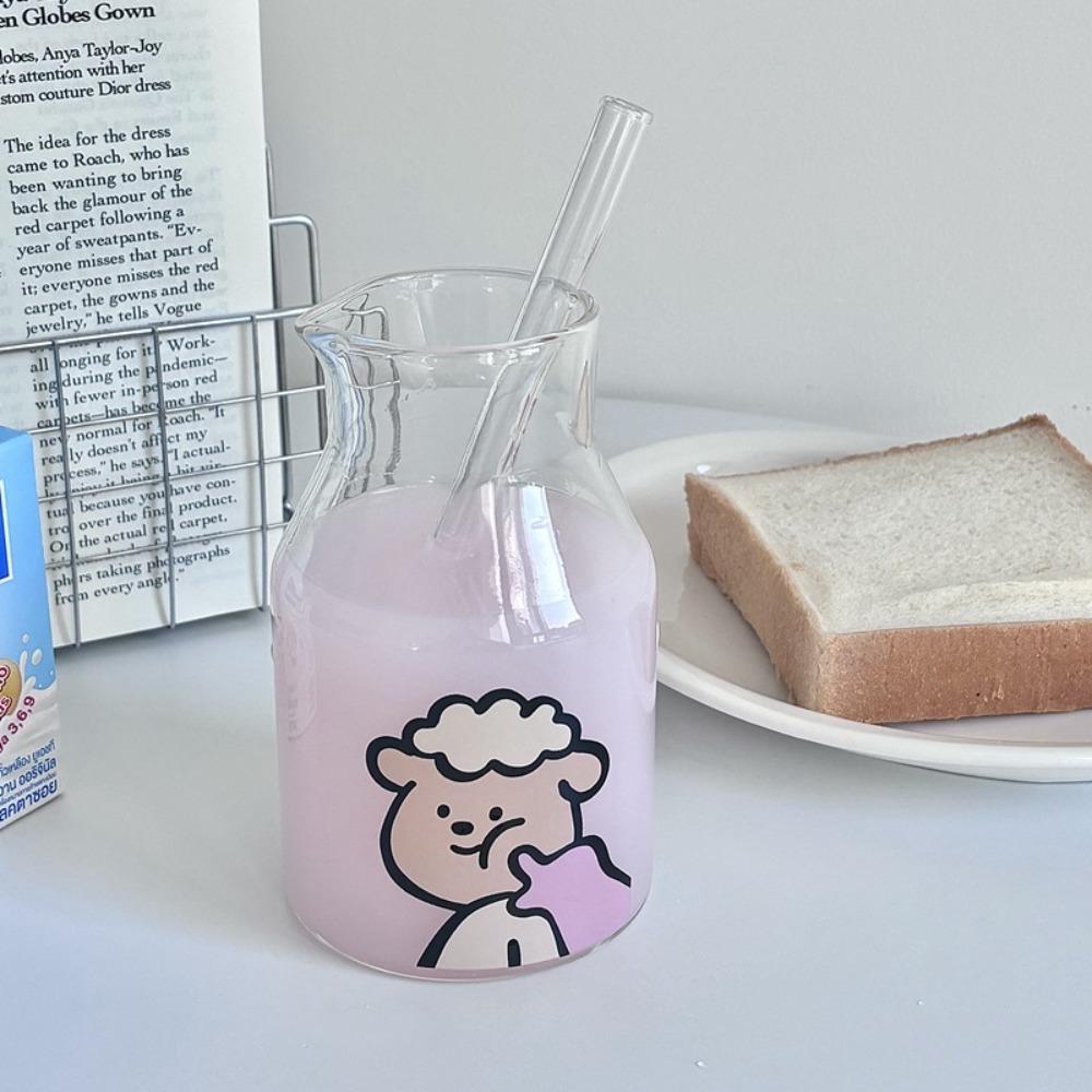 Cute 600ML Korean Coffee Cup Glass Cute Pattern Juice Cup Large Caliber Modern Design Water Bottle For Brewing Coffee Matcha