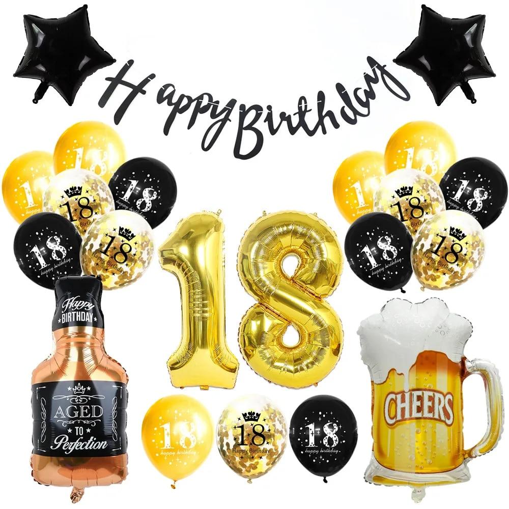 

22Pcs/Set Black Gold Whisky Number Foil Latex Balloons Kit Adult Birthday Party Decoration Aluminum Foil Beer Cup Balloons