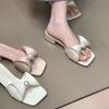 Thick Heel Bow Pearl Square Head Cool Slippers Women's Summer Versatile Outer Wear Skirt Fairy One-Word Slippers