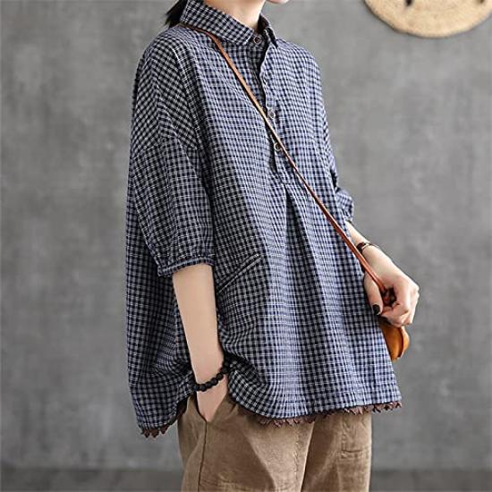 shirt for check pattern loose large summer [JQBFL] Short-sleeved women, blouse, summer, linen, cotton-linen shirt, fit, size, casual, cut-and-sew,