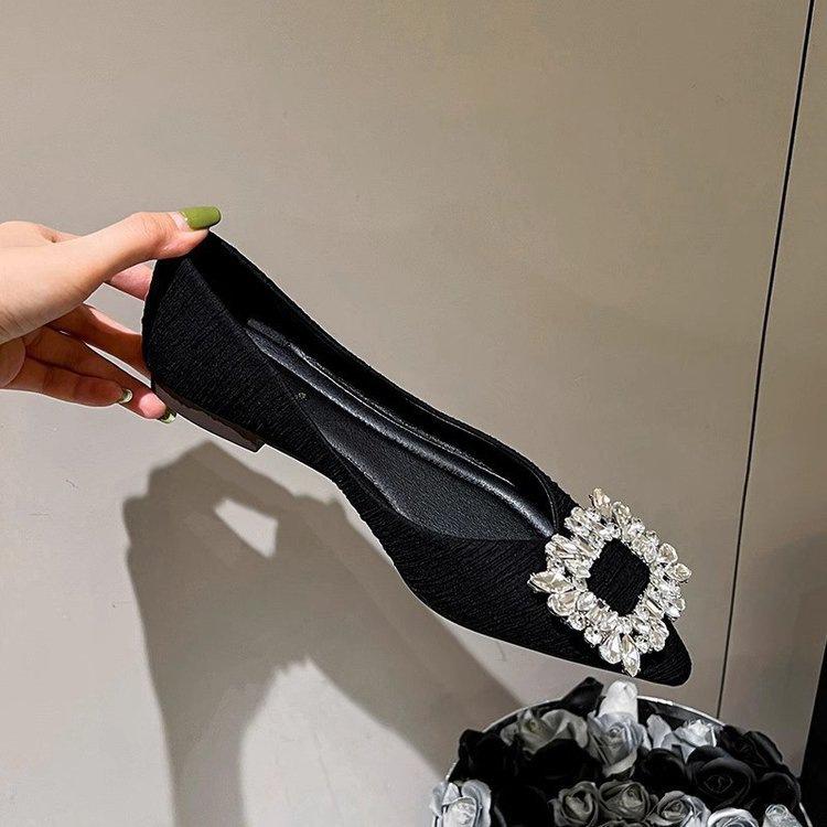 Francuskie buty z błyszczącymi cyrkoniami w szpic nowość jesień płaski obcas płytki dekolt eleganckie buty damskie