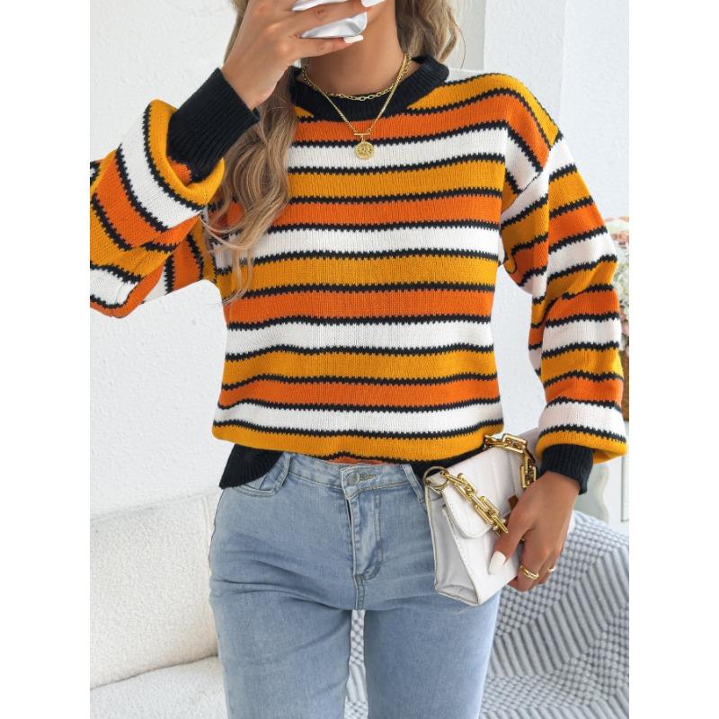 Maglione da Donna Casual a Blocchi di Colore con Strisce, Maniche a Lanterna, Girocollo, Vestibilità Larga