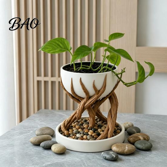 Creative Home Office Decor 3D Printed Tree Root Planter, Bionic Wood Textured Flower Pot with Gift for Gardening Lovers Drainage Hole, Succulent
